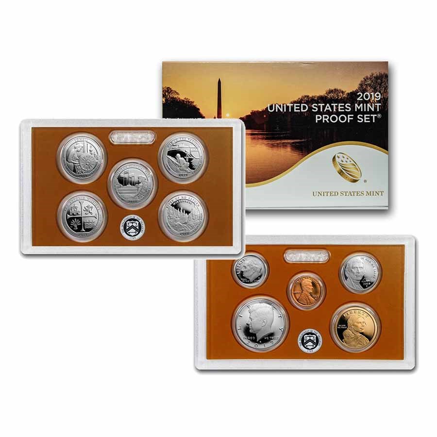 United States Mint proof set with coins and packaging on a white background
